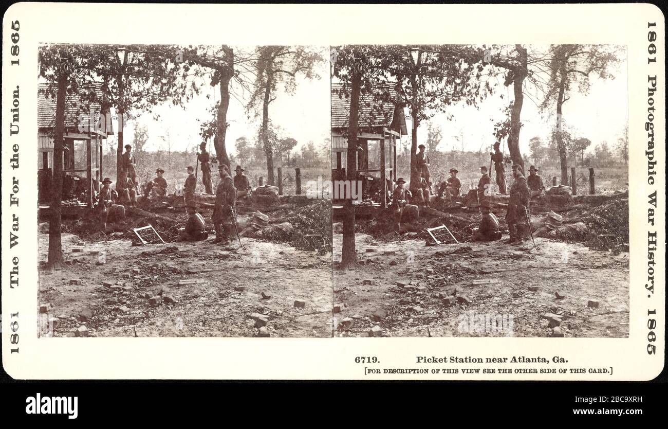 Picket Station, soldados de la Unión en el puesto de guardia cerca de Atlanta, Georgia, unos días antes de la batalla del 22 de julio de 1864, Stereo Card, foto de George N. Barnard Foto de stock