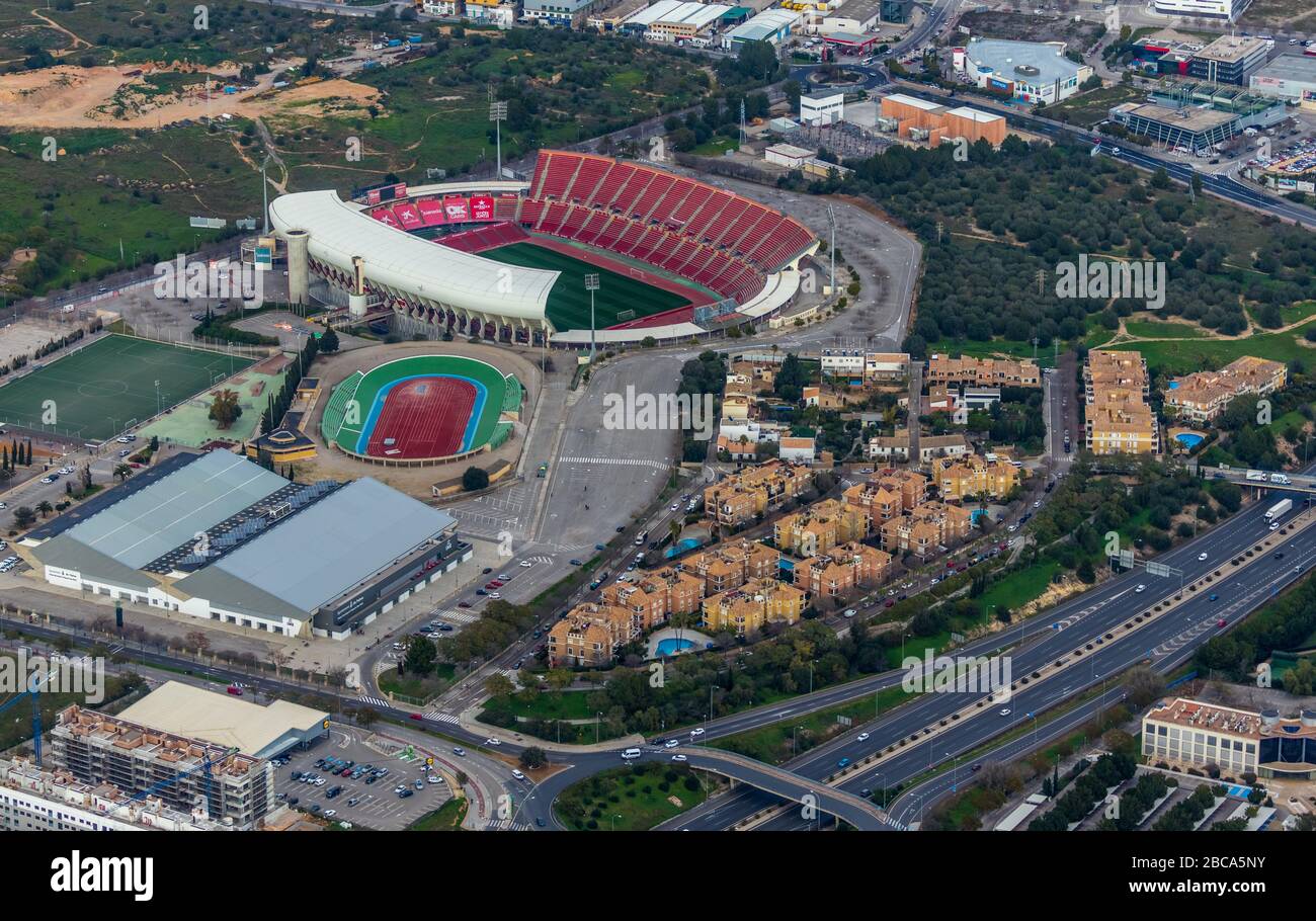 Vista aérea, Estadio de son Moix, estadio de fútbol, centro deportivo, Palma, Mallorca, España, Europa, Islas Baleares Foto de stock