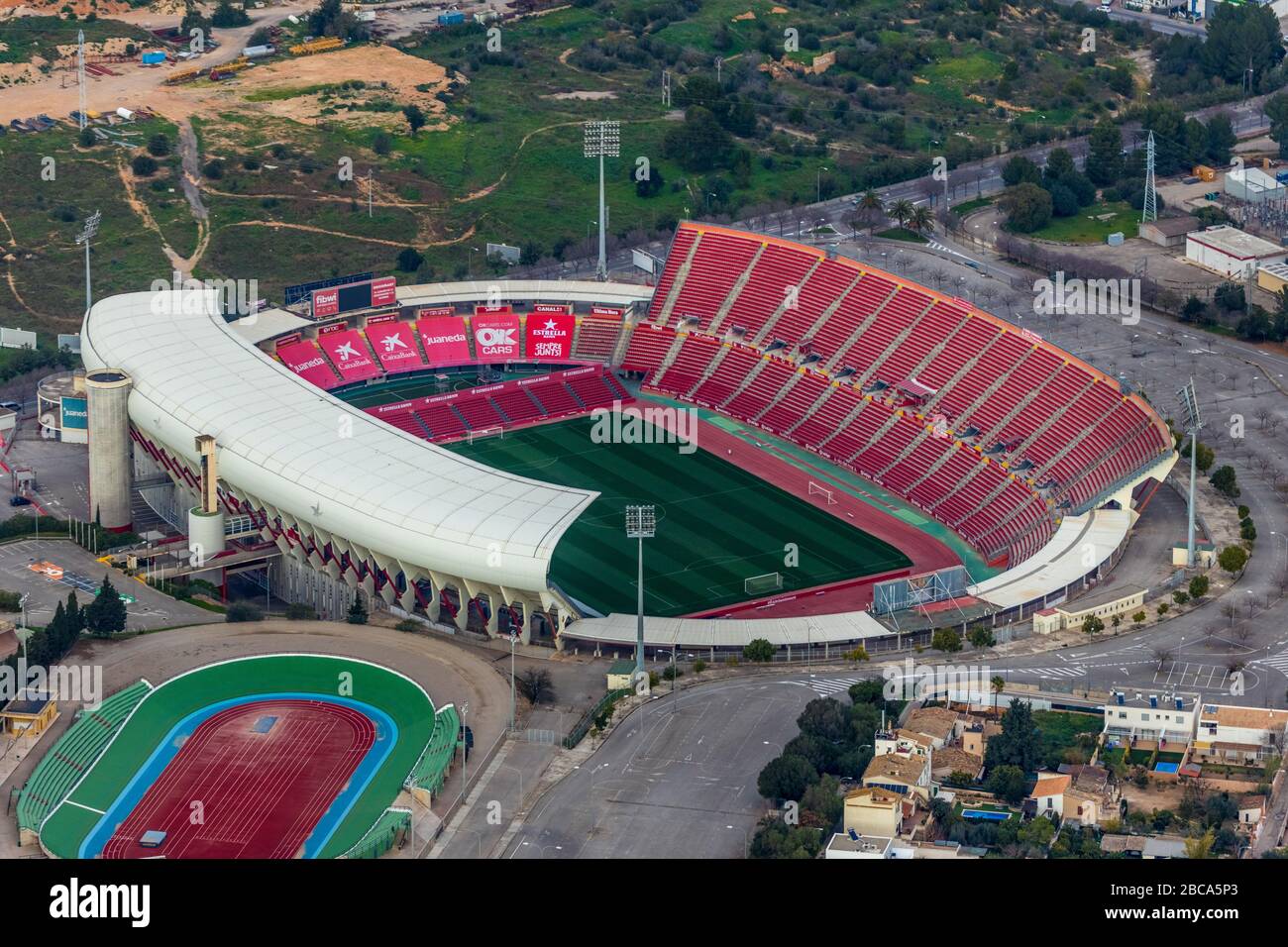 Vista aérea, Estadio de son Moix, estadio de fútbol, centro deportivo, Palma, Mallorca, España, Europa, Islas Baleares Foto de stock