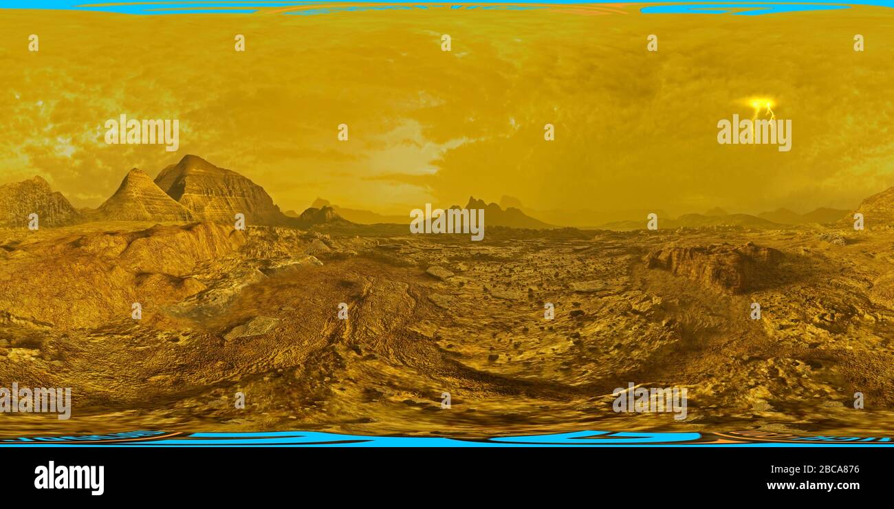 Ilustración de una vista de 360 grados de la superficie de Venus. Esta imagen se utiliza en auriculares VR o para la proyección en el interior de una cúpula. Foto de stock
