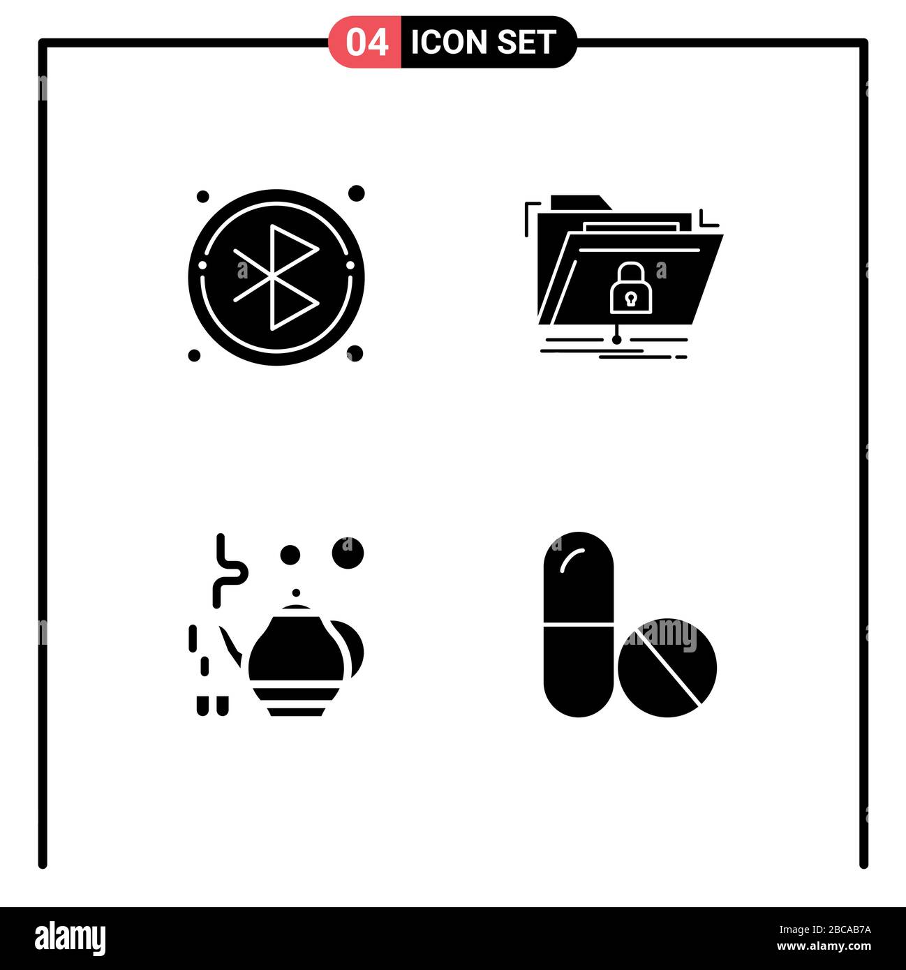 Paquete editable de línea vectorial de 4 glifos sólidos simples de bluetooth, teapota, cifrado