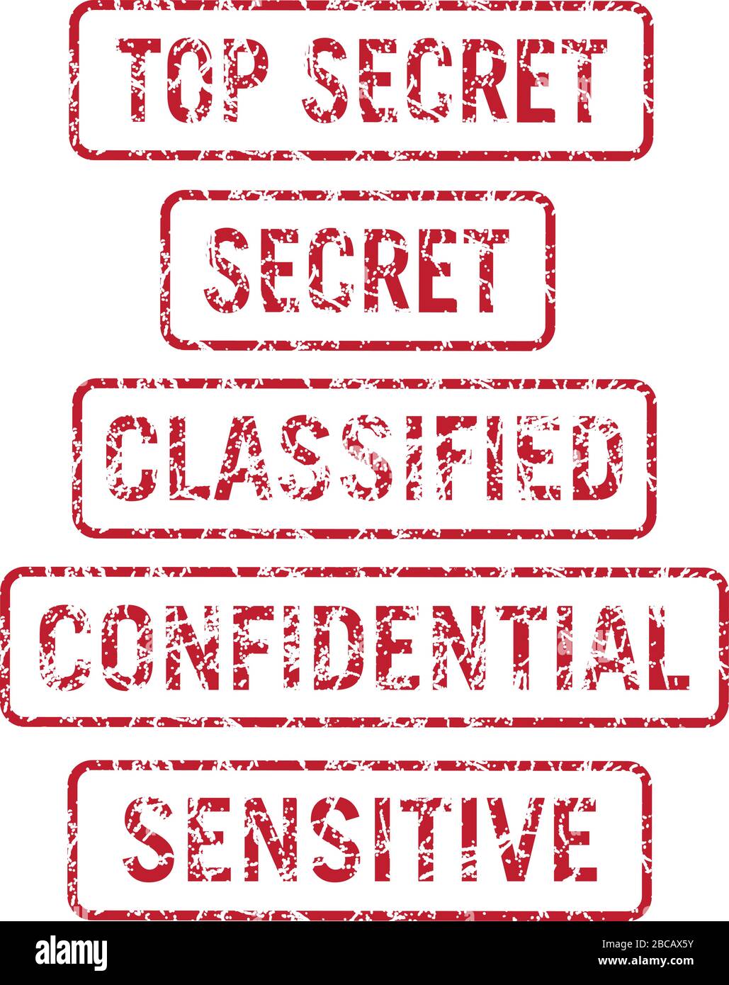Seguridad de la información Top Secret, Secret, Classified, Confidential and Sensitive Stamps Distressed Isolated Vector Illustration Ilustración del Vector