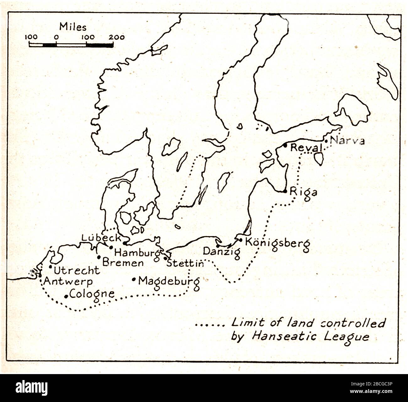Un mapa bosquejado de los pueblos de Hanha en la Liga Hanseática de 1920 Foto de stock