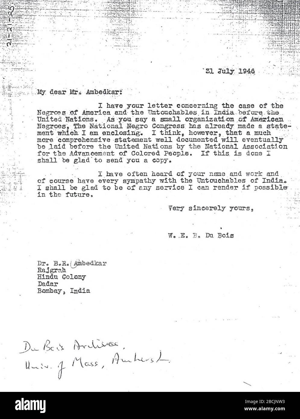 Inglés: Carta de W.E.B. Du Bois a B.R. Ambedkar fechado el 31 de julio de  1946. En la carta, Du Bois responde a la carta de Ambedkar y adjuntó una  declaración hecha