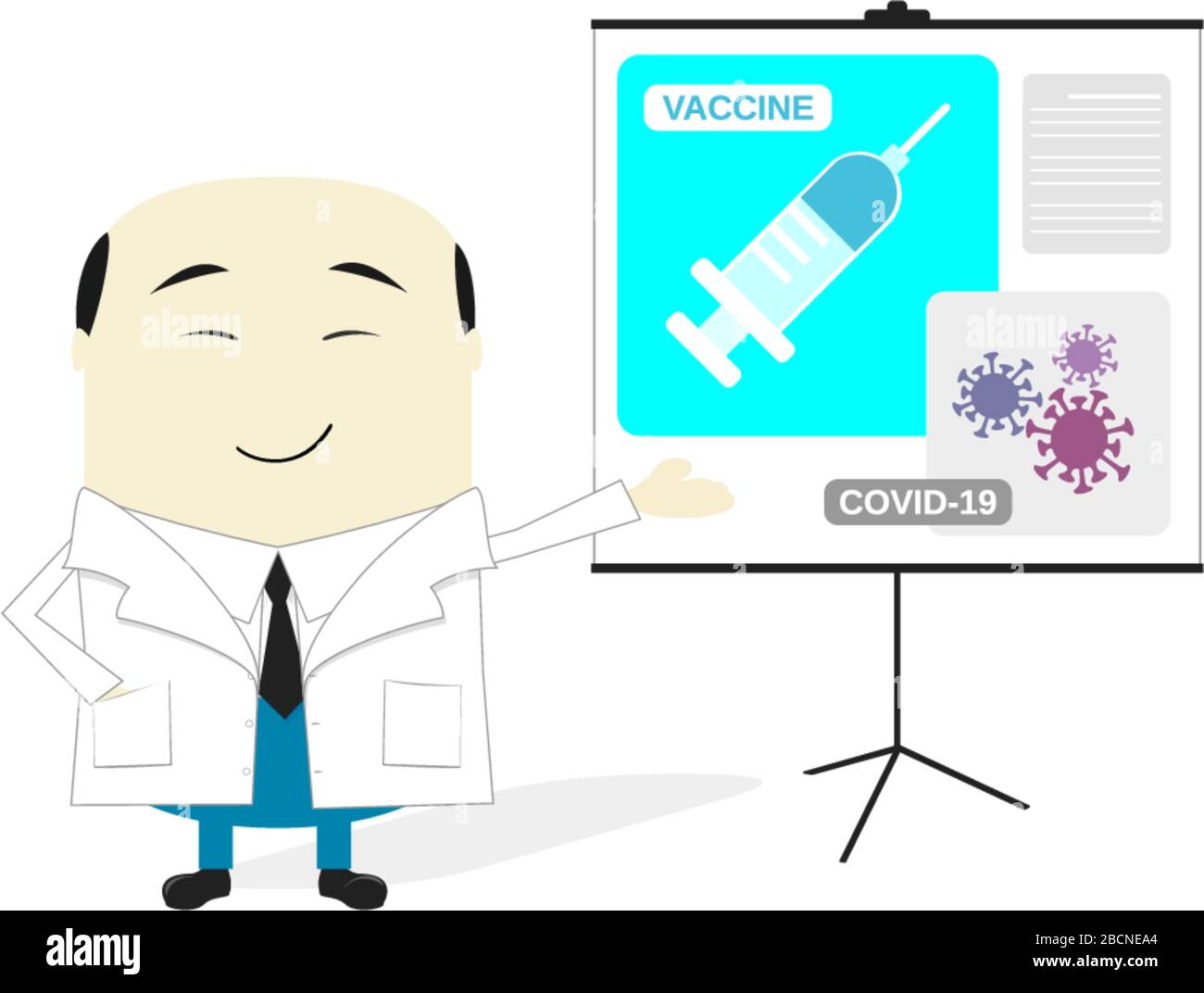 ilustración de dibujos animados de científicos asiáticos que presentan la vacuna contra el coronavirus. Aislado sobre fondo blanco Ilustración del Vector