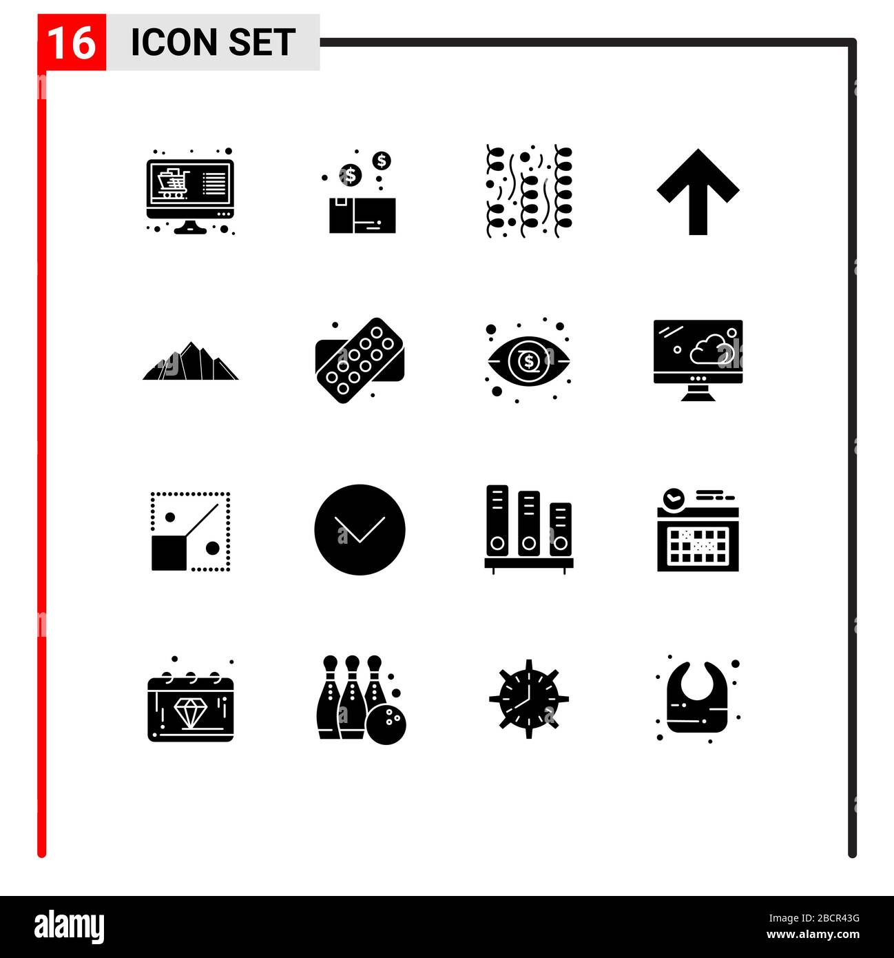 Conjunto de 16 glifos sólidos vectoriales en cuadrícula para elementos de diseño vectorial editables de colina, arriba, paquete, flecha y partido Ilustración del Vector