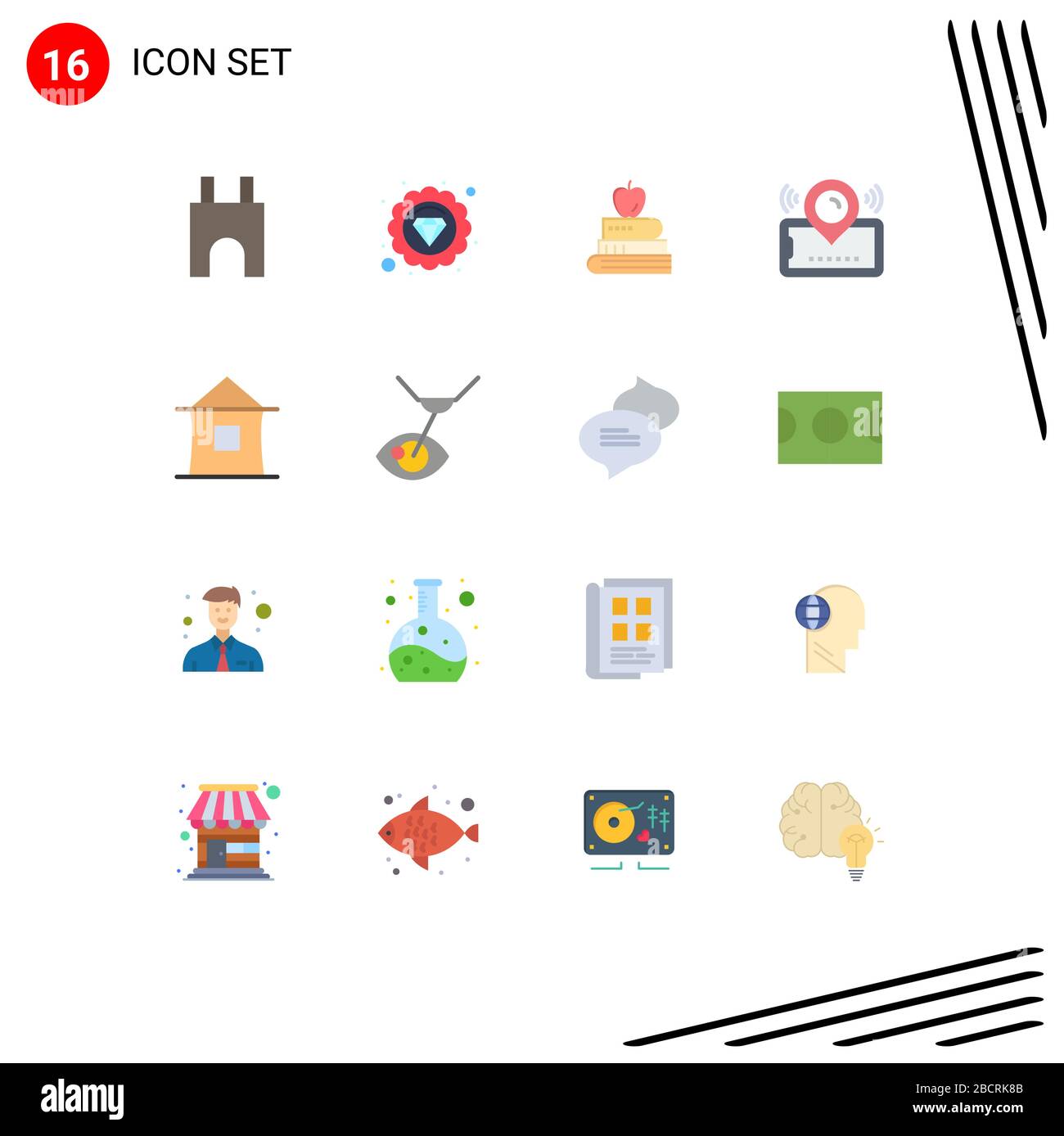 Flat Color Pack de 16 símbolos universales de construcción, entrada, libro, ubicación, mapa paquete editable de elementos de diseño vectorial creativo Ilustración del Vector