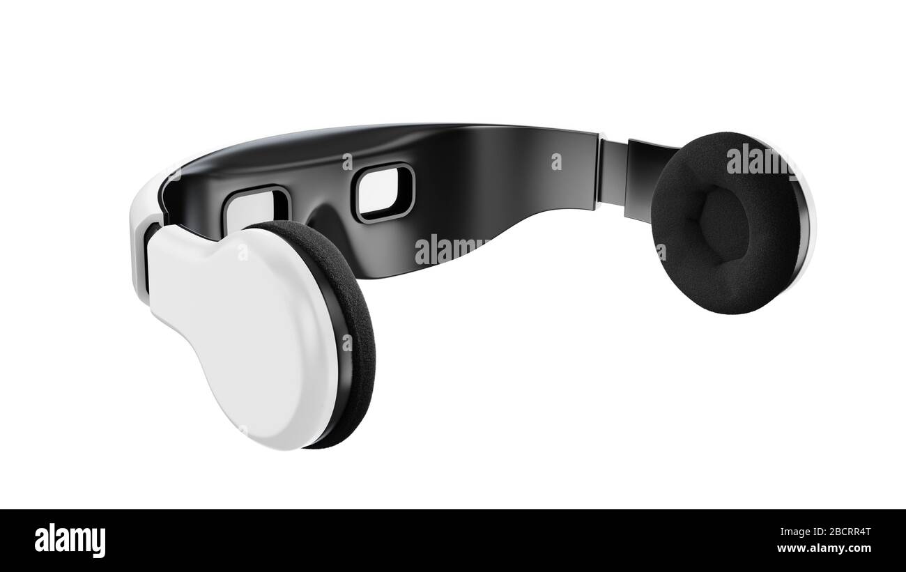 Gafas de realidad virtual blancas con auriculares, diseño minimalista moderno. Equipo de cabeza futurista con conexión inalámbrica, pantalla de alta resolución Foto de stock
