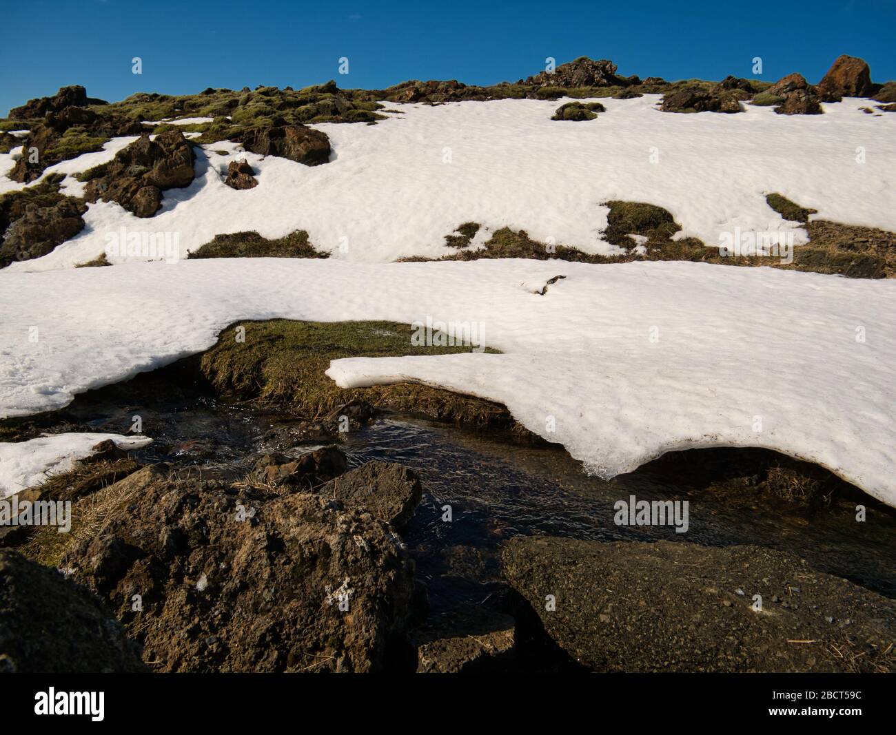 Un pequeño arroyo de montaña bajo una fina capa de nieve en primavera Foto de stock