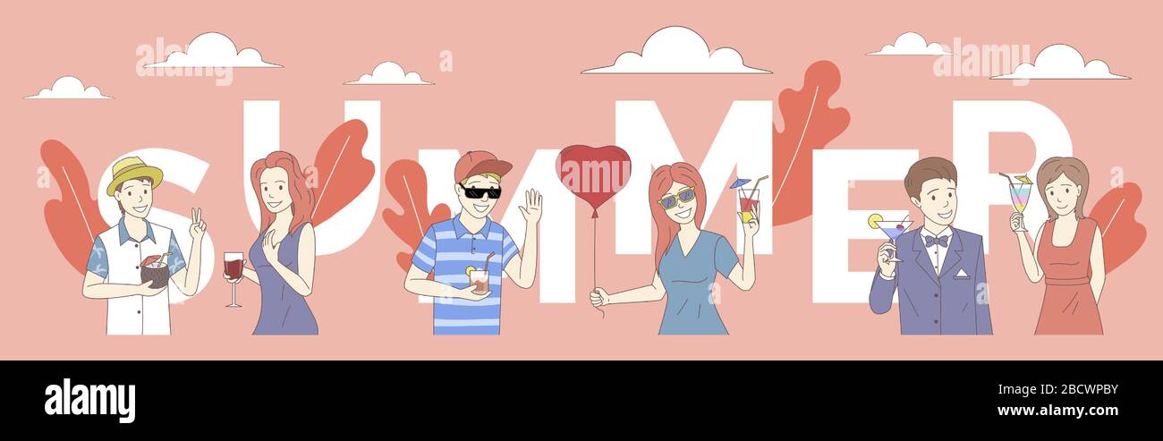 Plantilla de banner de palabra de verano. Grupo de gente sonriente feliz en  verano y ropa formal con cócteles vector dibujos animados. Diseño de póster  de fiesta de verano Imagen Vector de