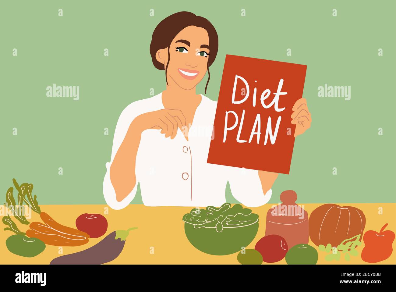 Nutricionista femenino sentado con un plan de dieta en la mesa llena de  ingredientes saludables de alimentos sobre el fondo verde. Ilustración  vectorial de colores en un estilo de dibujos animados planos