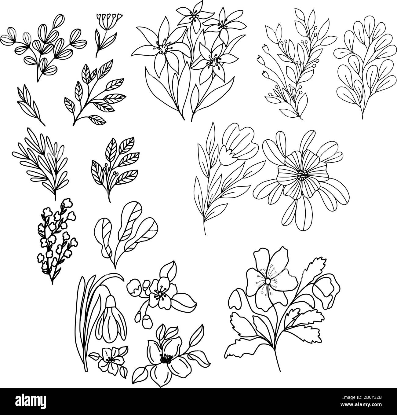 Conjunto de flores en gráficos vectoriales, en un estilo lineal, para la  decoración de fondos de escritorio, tatuajes, portadas de cuaderno, papel  para envolver, impresión para ropa, estikers Imagen Vector de stock -