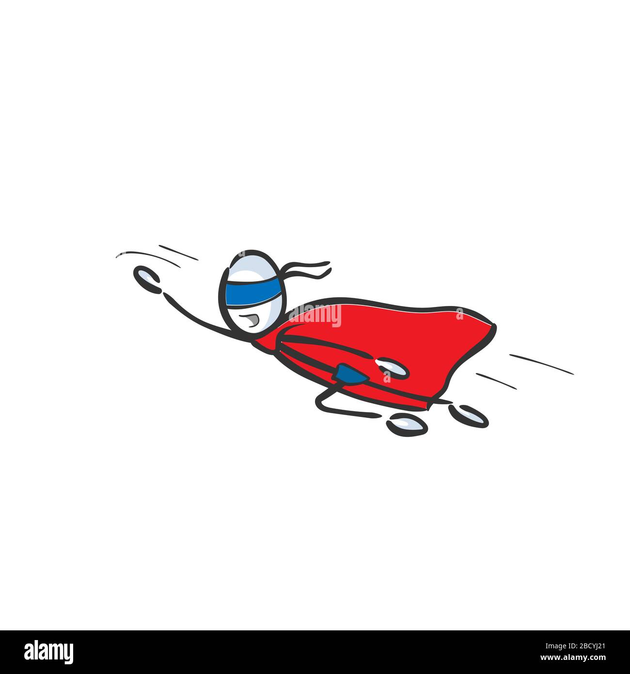 Super héroe volando para rescatar. cabo Rojo. Dibujado a mano. Dibujos animados de stickman. Boceto de fideos, ilustración gráfica vectorial Ilustración del Vector