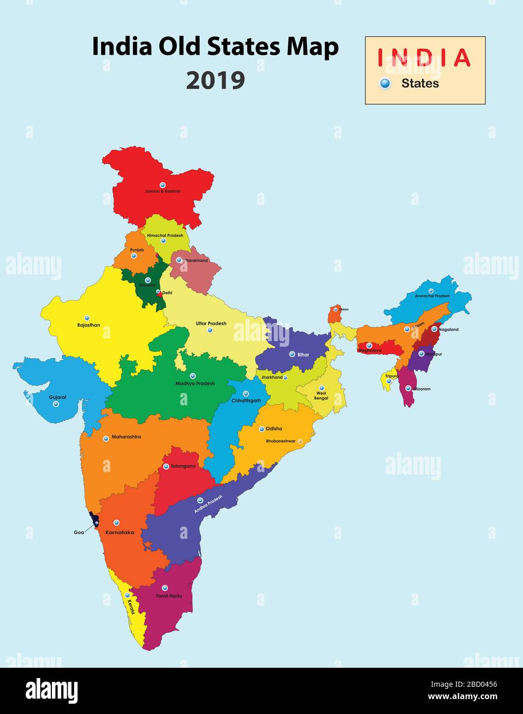 división de la India. Nombre de los nuevos estados en la India. Mapa de la India 2020. Nombre de todos los nuevos estados en el mapa de la India. Ilustración del Vector