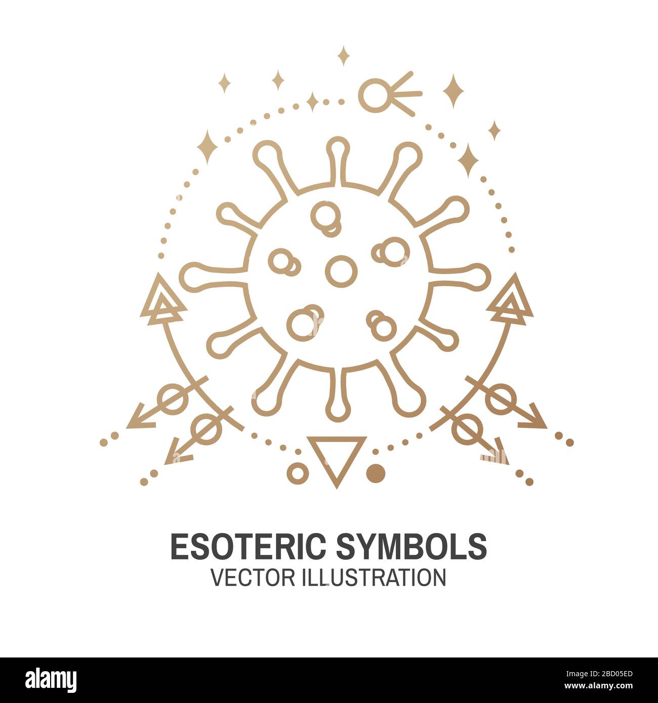 Símbolos esotéricos. Vector. Insignia geométrica de línea fina. Icono de contorno para alquimia o geometría sagrada. Diseño de tatuajes de geometría sagrada mística y mágica con bacterias, coronavirus, luna, sol, planetas Ilustración del Vector