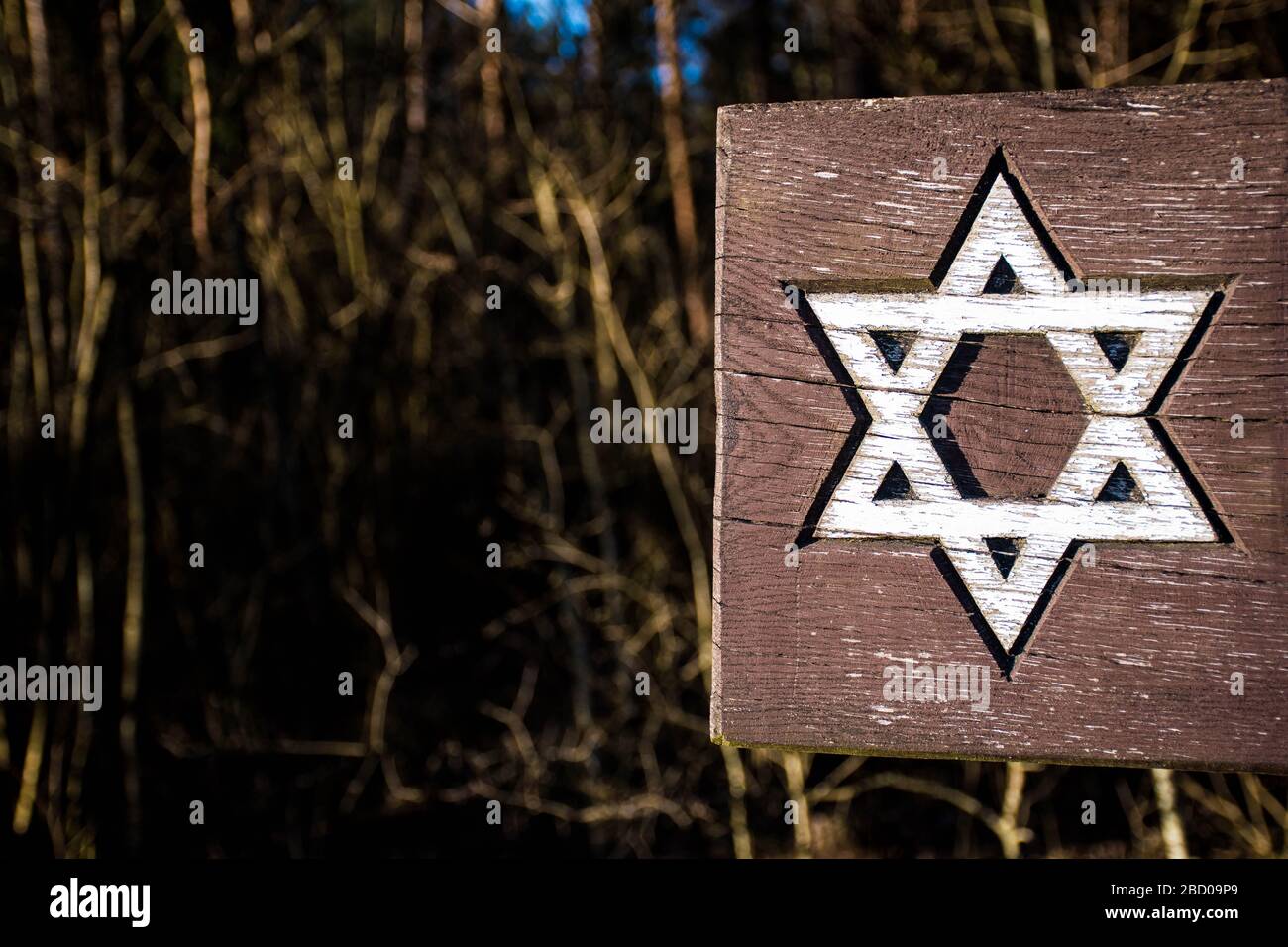 Estrella de David, símbolo del judaísmo, símbolo de los judíos, Israel, estrella blanca grabada en una tabla de madera Foto de stock