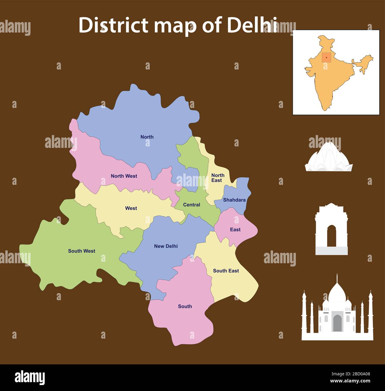 Vista histórica de Delhi. Ilustración vectorial del mapa de Delhi con nombre del distrito y vista histórica. Ilustración del Vector