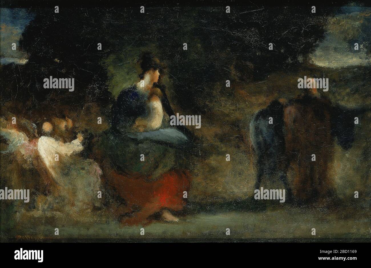 Vuelo a Egipto. Esta pintura muestra el vuelo de María, José y el niño Jesús a Egipto. Robert Loftin Newman estaba muy cerca de su madre, y pintó muchos temas que enfatizaban el vínculo entre madre e hijo. Foto de stock