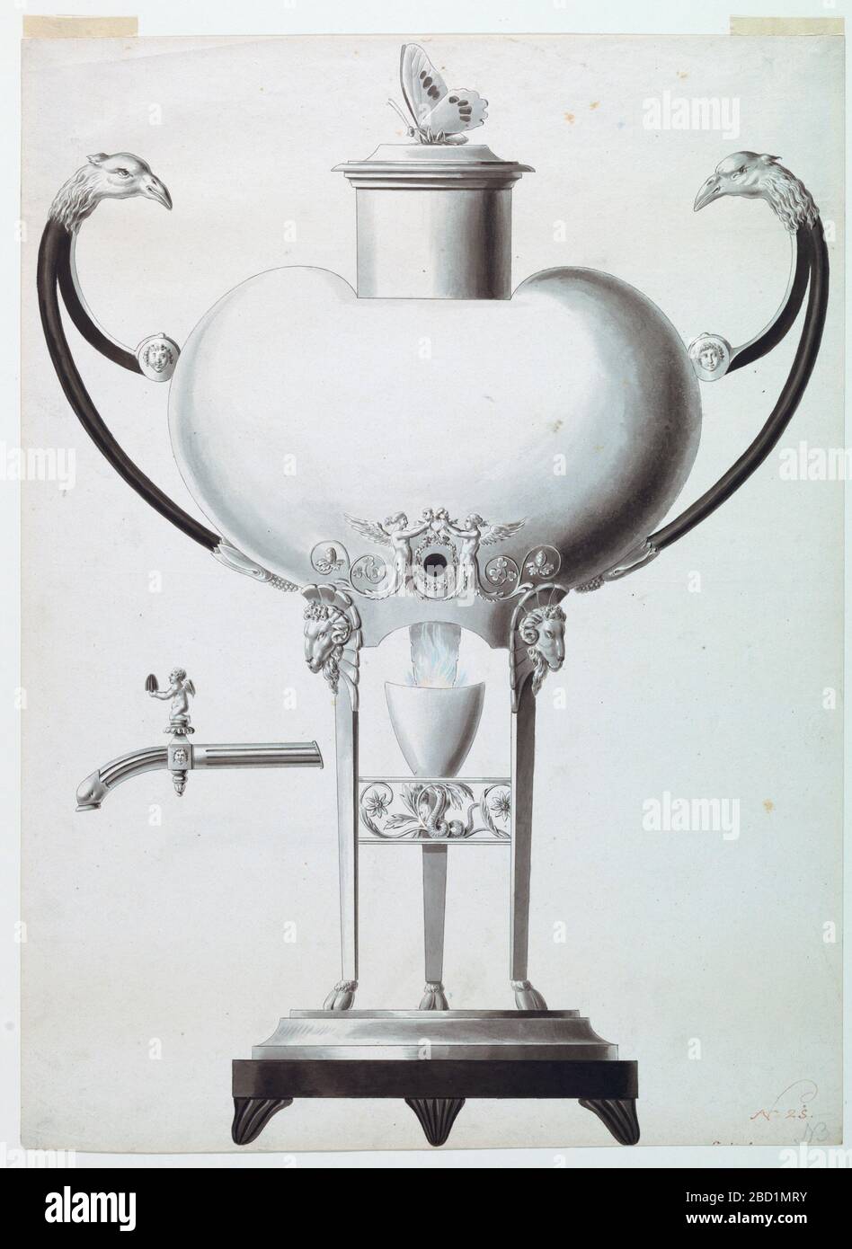 Diseño para un Urn en un Stand con una lámpara Investigación en ProgsUna en un zócalo circular de cuatro pies. La botella tiene forma de corazón con un embudo, por
