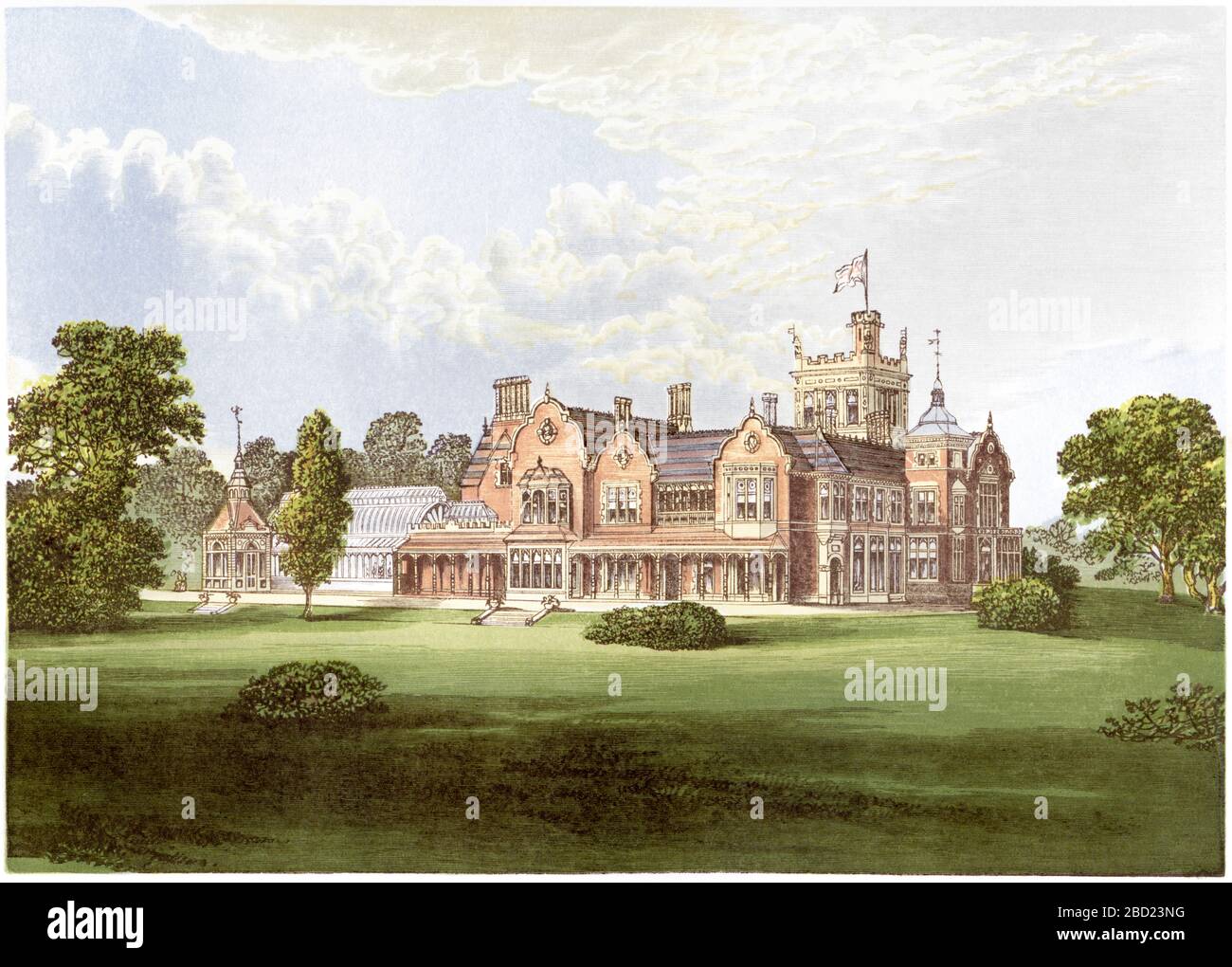 Una ilustración coloreada de Caen Wood House (Casa Athlone) en Highgate, Londres, escaneada a alta resolución de un libro impreso en 1870. Foto de stock