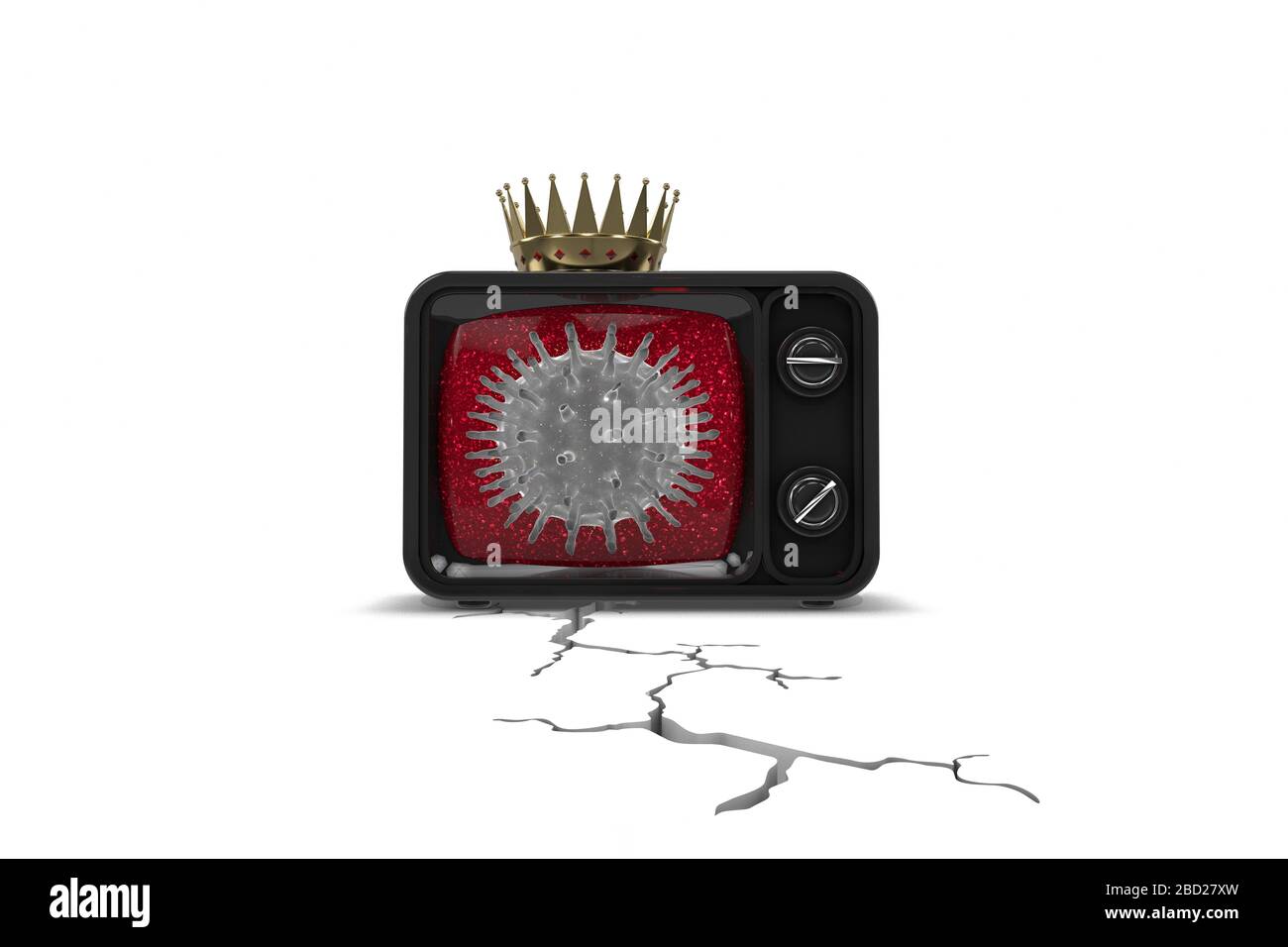 Ilustración 3d: TV vintage negra con célula de virus gris en la pantalla roja con corona dorada. Grietas y grietas debajo de ella. Miedo y pánico. Foto de stock