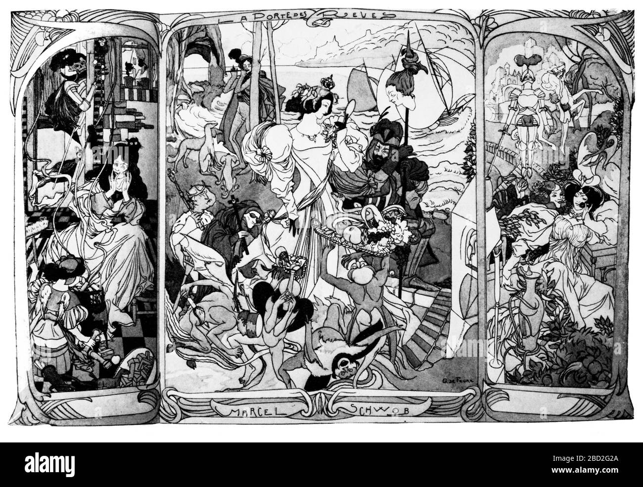 El frontispicio de Georges de Feure a 'la Porte des Reves', un libro de historias cortas sobre los antiguos de Marcel Schwab. De Feure, cuyo verdadero nombre era Georges Joseph van Sluijters (1868-1943), nacido en París, fue un pintor francés, diseñador teatral y diseñador de arte industrial en los estilos simbolismo y Art Nouveau. Foto de stock
