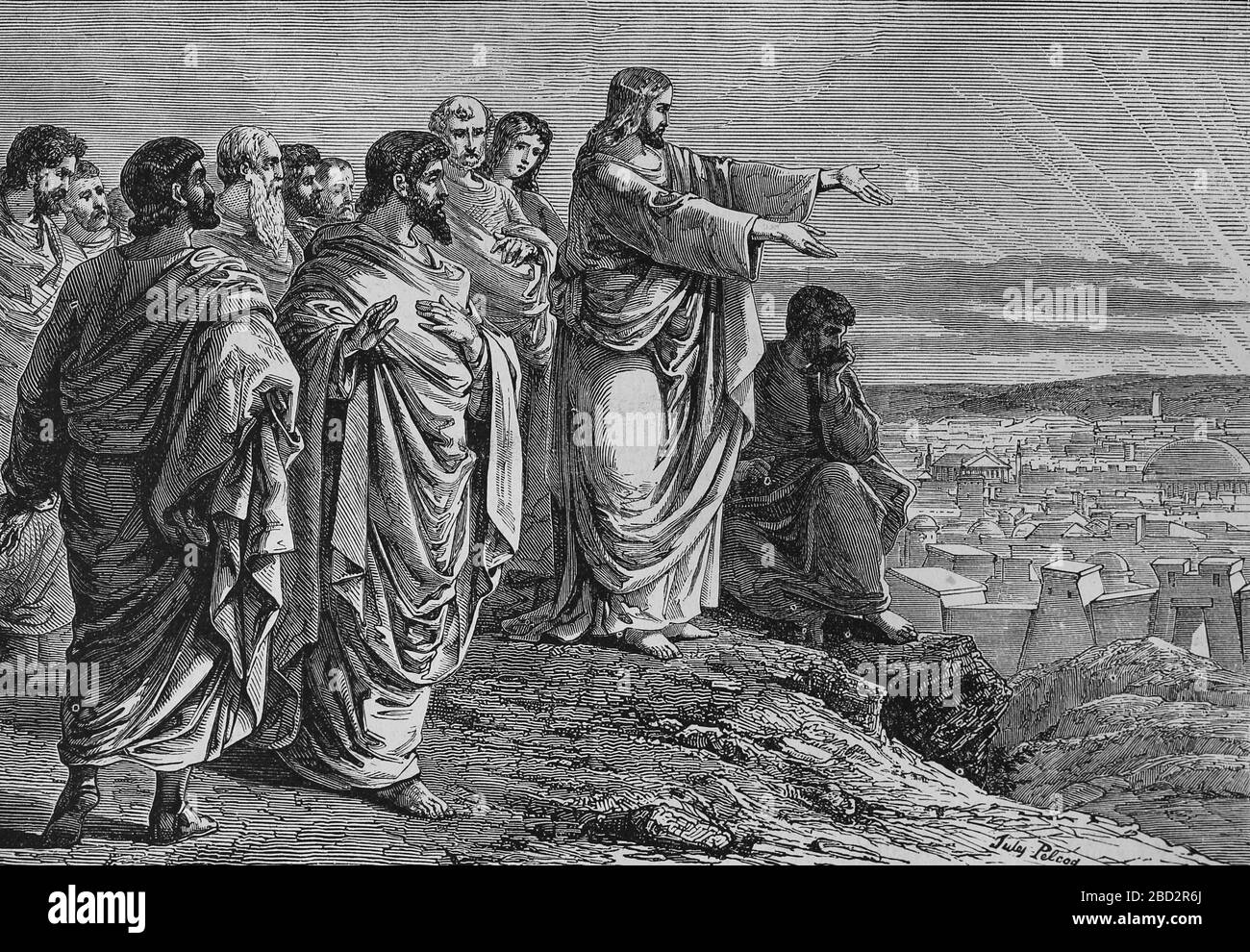 Jesús predice la destrucción de Jerusalén. Grabado, siglo 19. Foto de stock