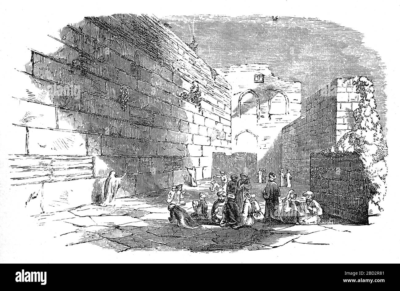 Israel. Ciudad de Jerusalén. Pared Occidental (pequeño segmento del antiguo Templo). Grabado, siglo 19. Foto de stock