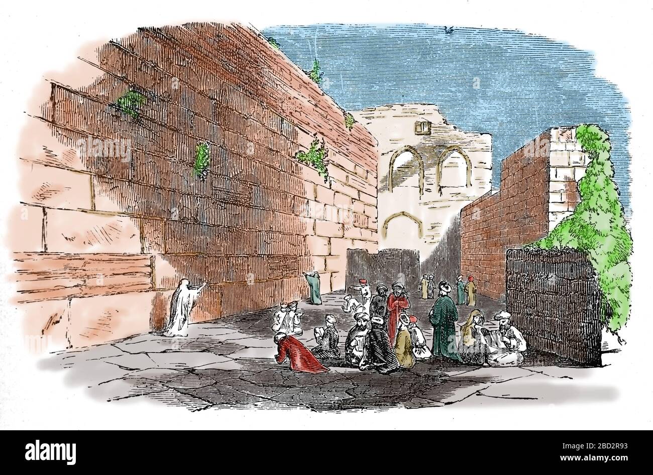 Israel. Ciudad de Jerusalén. Pared Occidental (pequeño segmento del antiguo Templo). Grabado, siglo 19. Foto de stock