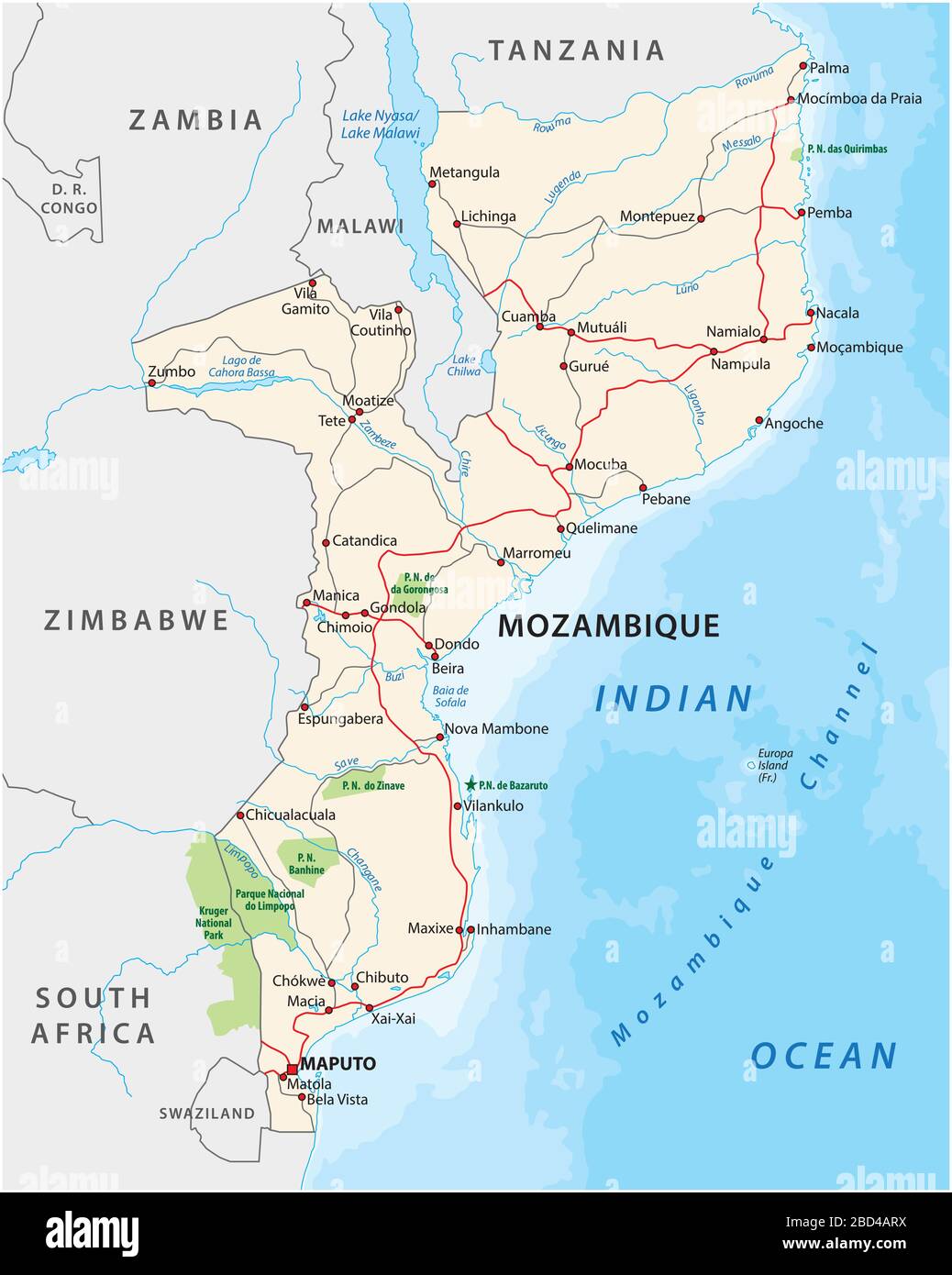 mapa vectorial de carreteras y parques nacionales de mozambique Ilustración del Vector