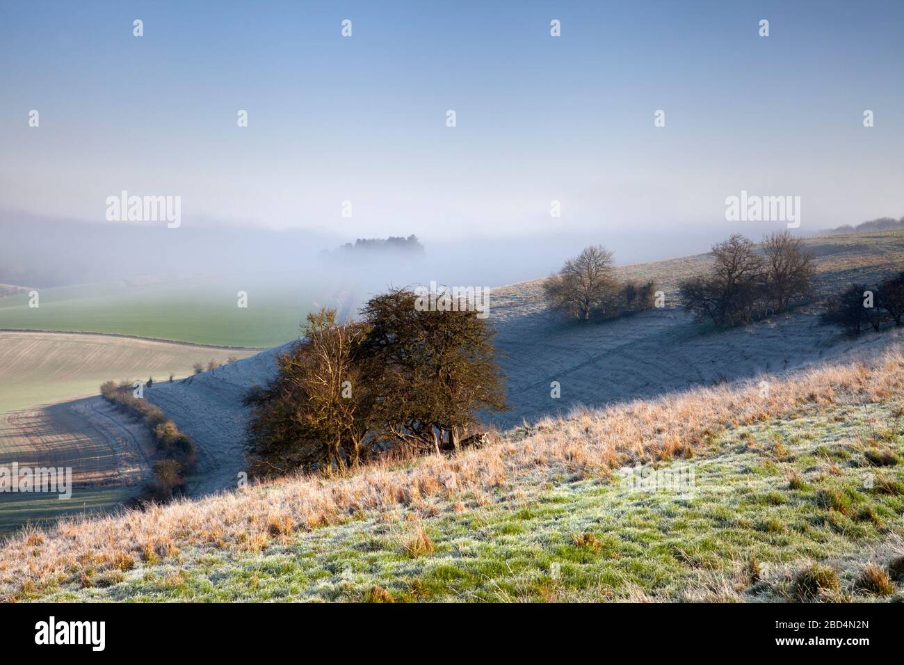 Limpieza de la niebla en la colina de caballo de Knower, cerca del pueblo de Knower en Wiltshire. Foto de stock