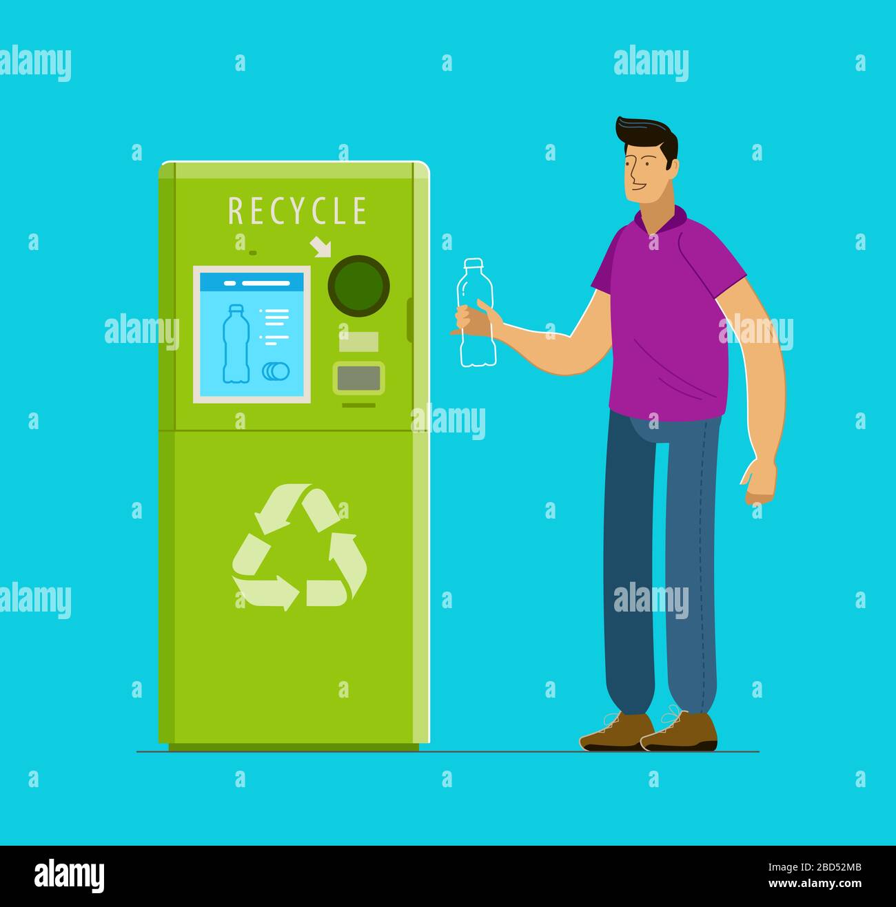 Reciclaje. La gente pone botellas en la máquina expendedora. Reutilizar ilustración vectorial Ilustración del Vector