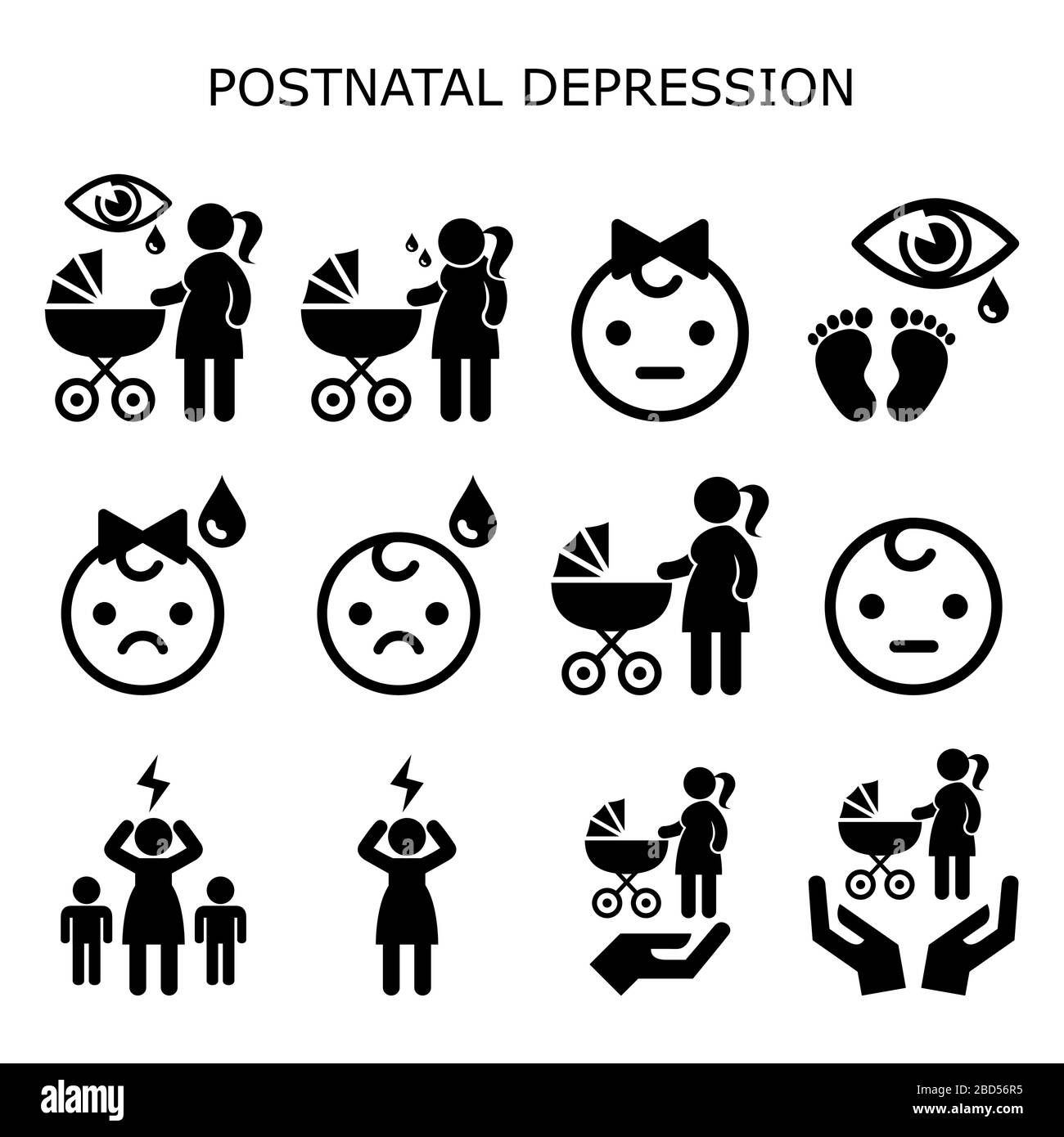 Depresión postnatal, depresión postparto vector conjunto de iconos - nuevas madres concepto de salud mental, las mujeres con recién nacido experimentando el blues del bebé Ilustración del Vector