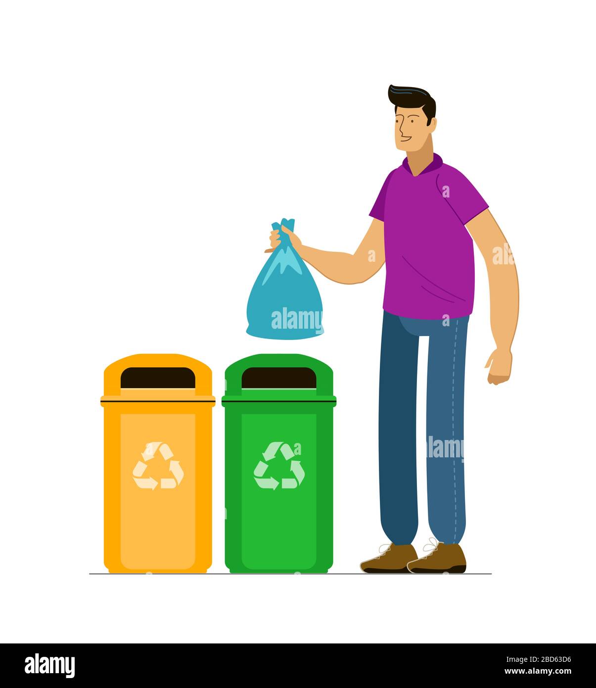 Conjunto de cubos de basura para reciclar diferentes tipos de residuos.  clasificación y reciclaje de residuos, ilustración vectorial