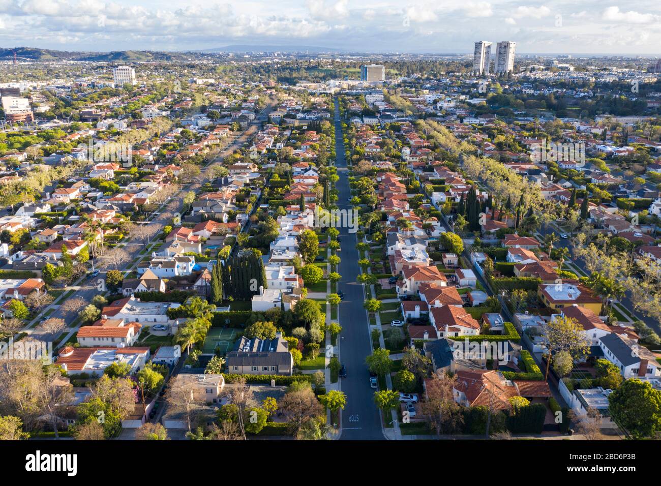 Vistas aéreas sobre el barrio de Beverly Hills de los Ángeles Foto de stock