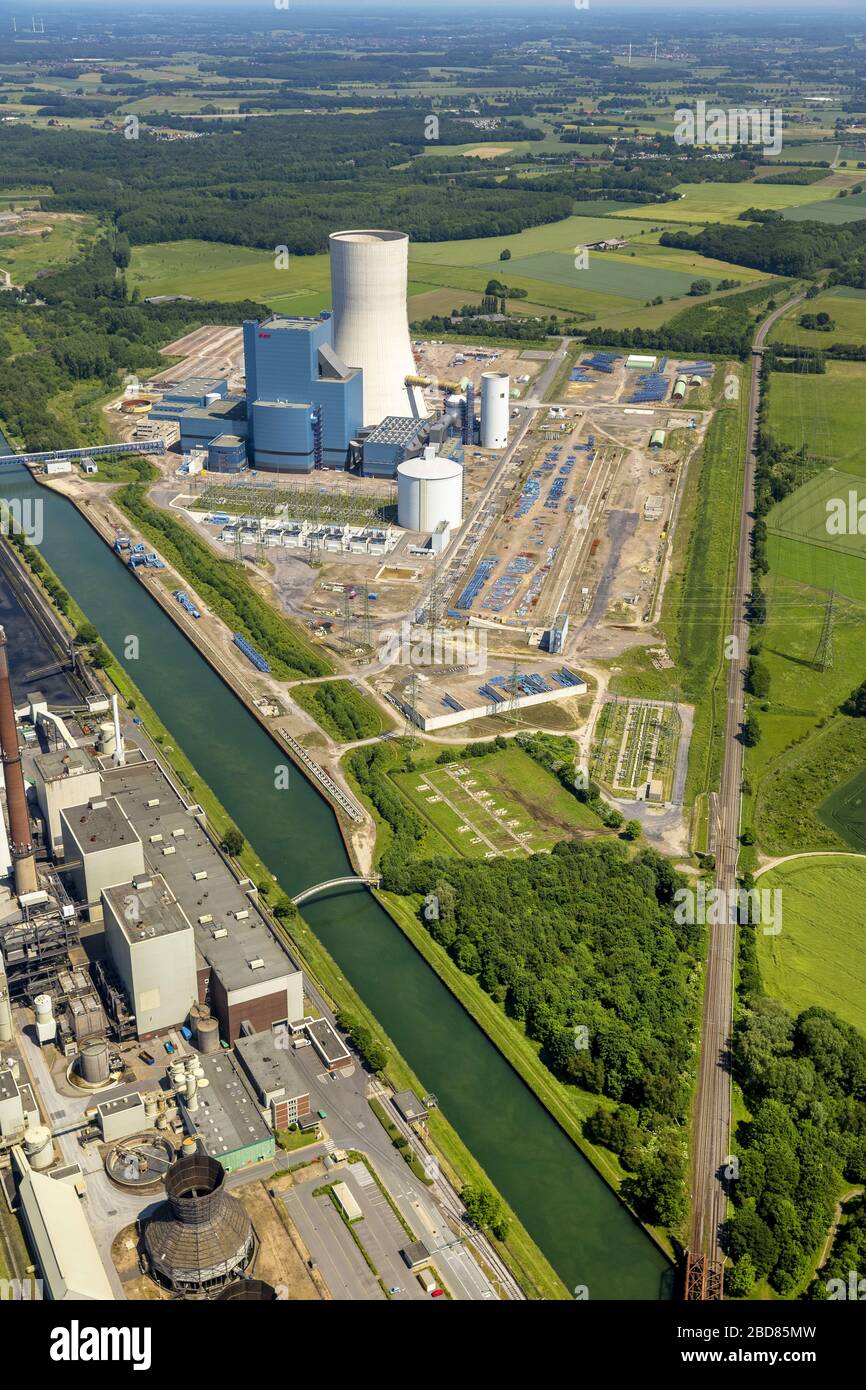 , lugar de parada de construcción de una nueva central eléctrica a carbón data del Canal Dortmund-EMS, 31.05.2014, vista aérea, Alemania, Renania del Norte-Westfalia, Área de Ruhr, Datteln Foto de stock