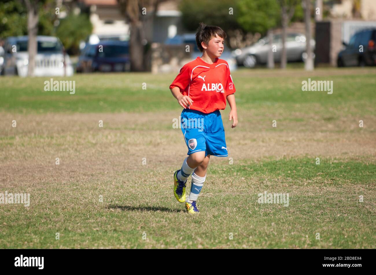 Joven jugador de fútbol jogging en el campo durante un partido Fotografía  de stock - Alamy