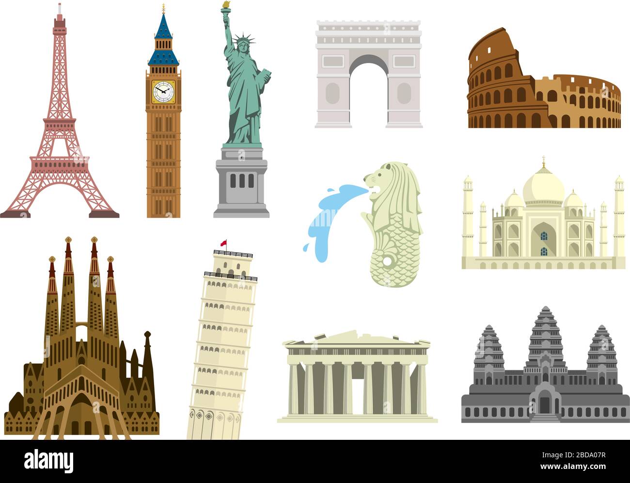 Edificios de fama mundial vector ilustración conjunto ( patrimonio de la humanidad ) / Estatua de la libertad, Torre Eiffel, Sagrada Familia, etc. Ilustración del Vector