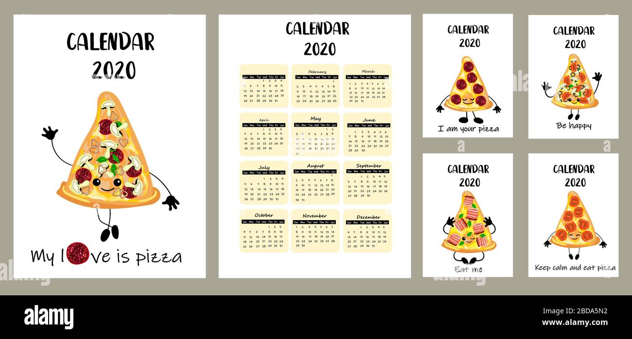 calendario 2020. Diseño para niños. Pizza fondo blanco. Personaje de