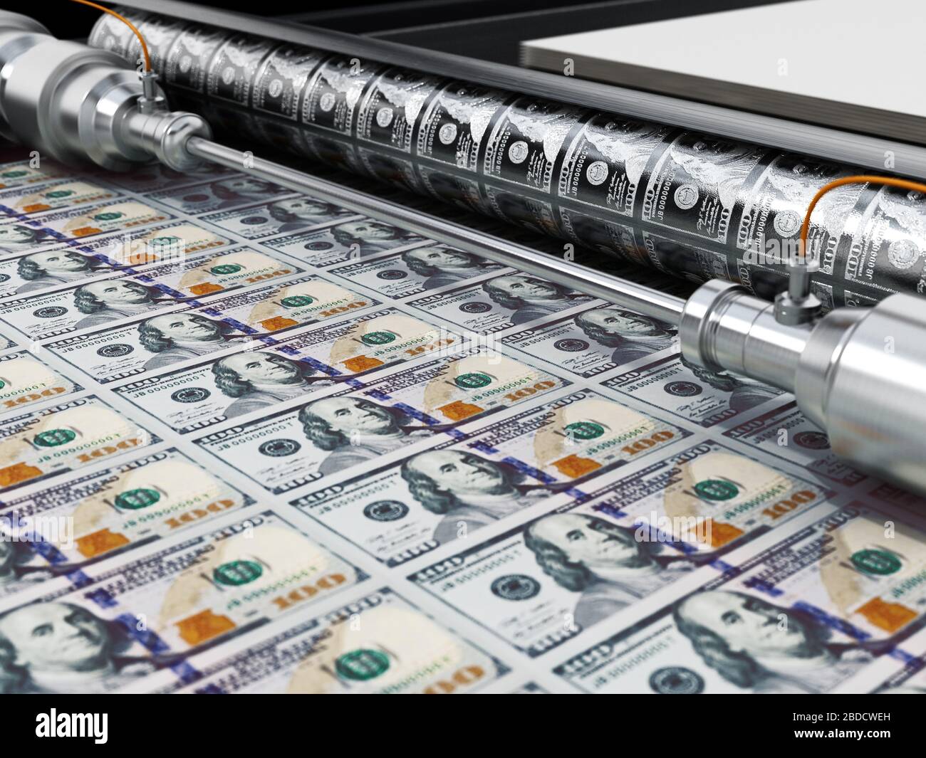 Máquina de impresión de billetes de 100 dólares. Ilustración 3D. Foto de stock
