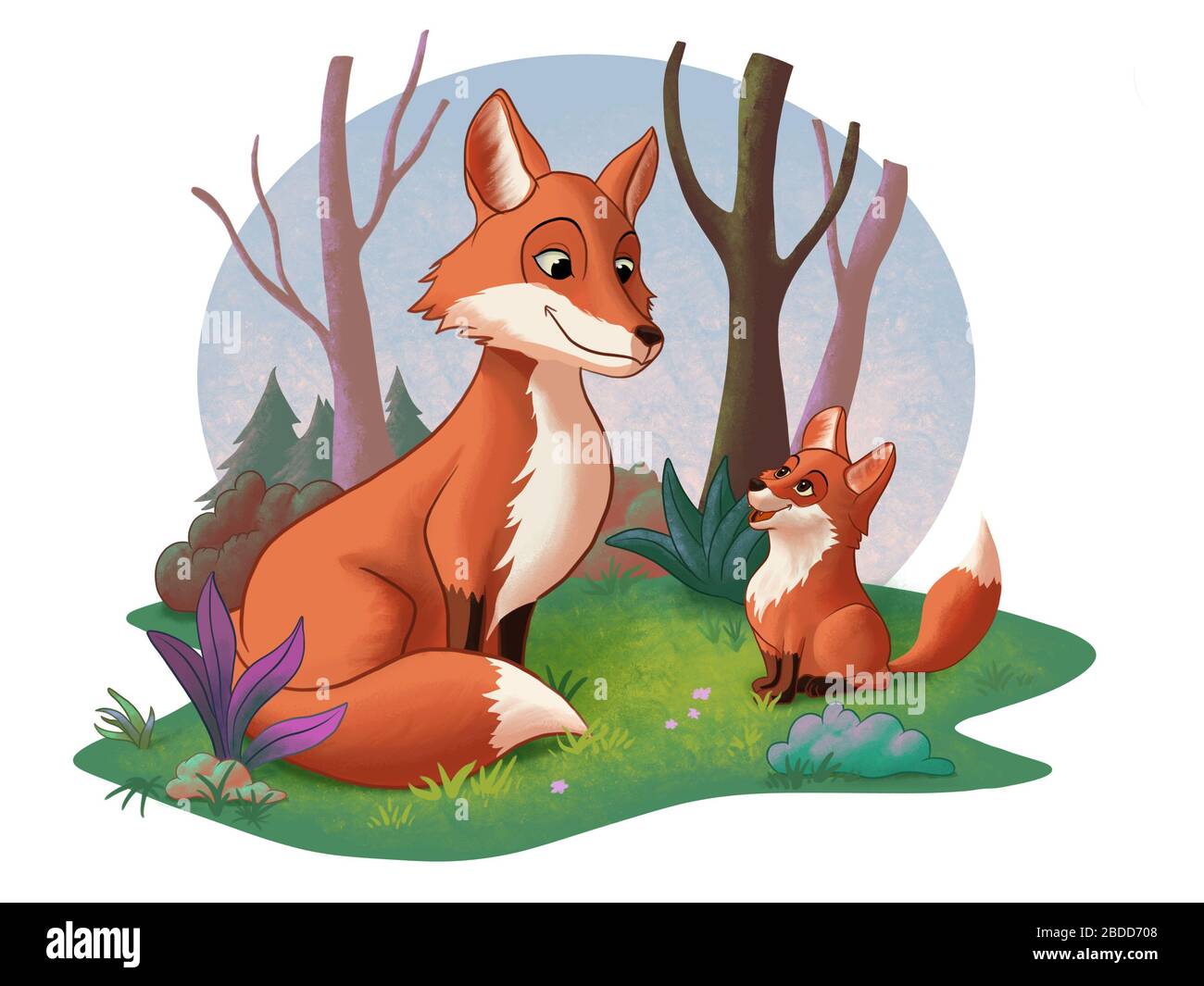 Cub de zorro lindo y un zorro adulto mirando el uno al otro. Ilustración digital. Foto de stock