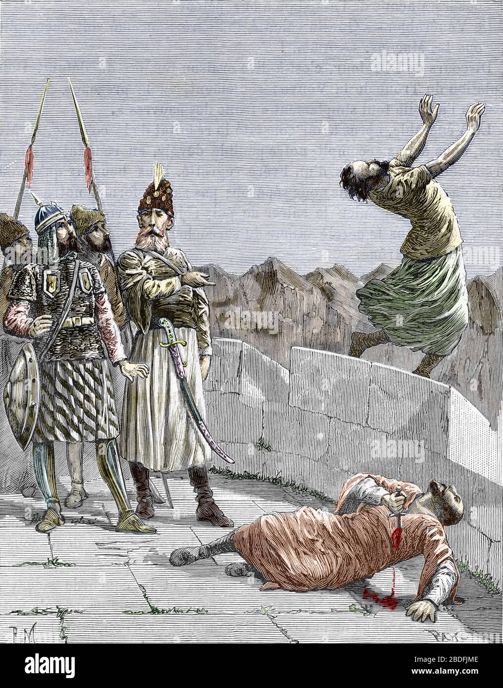 'Secte ismaelienne de l'est ou des assassins fondee par Hassan ibn al-Sabbah (1036-1124) dit 'le vieux de la Montagne' representate ordonnant a deux de Foto de stock