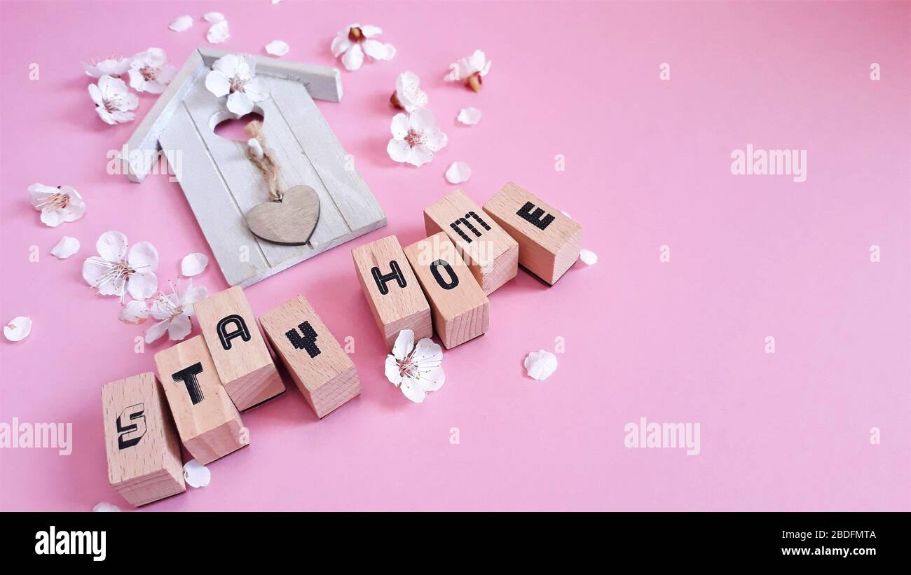 Casa decorativa de madera y letras de madera con texto permanecer en casa, Stey seguro entre las flores de albaricoque en un fondo rosa.Copiar espaes. Foto de stock