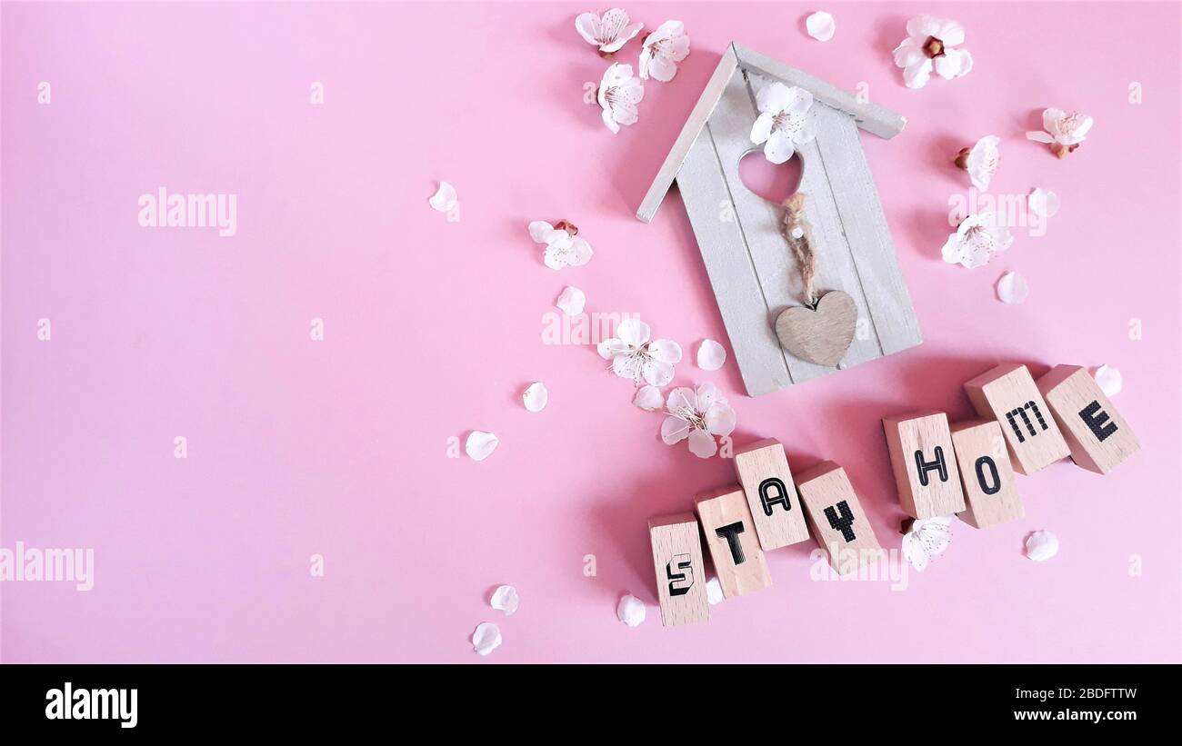 Casa decorativa de madera y letras de madera con texto permanecer en casa, Stey seguro entre las flores de albaricoque en un fondo rosa.Copiar espaes. Foto de stock