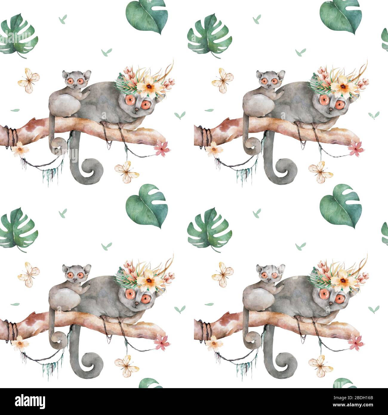 Patron De Lemur Del Raton Del Bebe Dibujo A Mano Lindo Watercolor Dibujos Raton Lemur En El Arbol Con Hojas De La Selva Sobre Fondo Blanco Fotografia De Stock Alamy