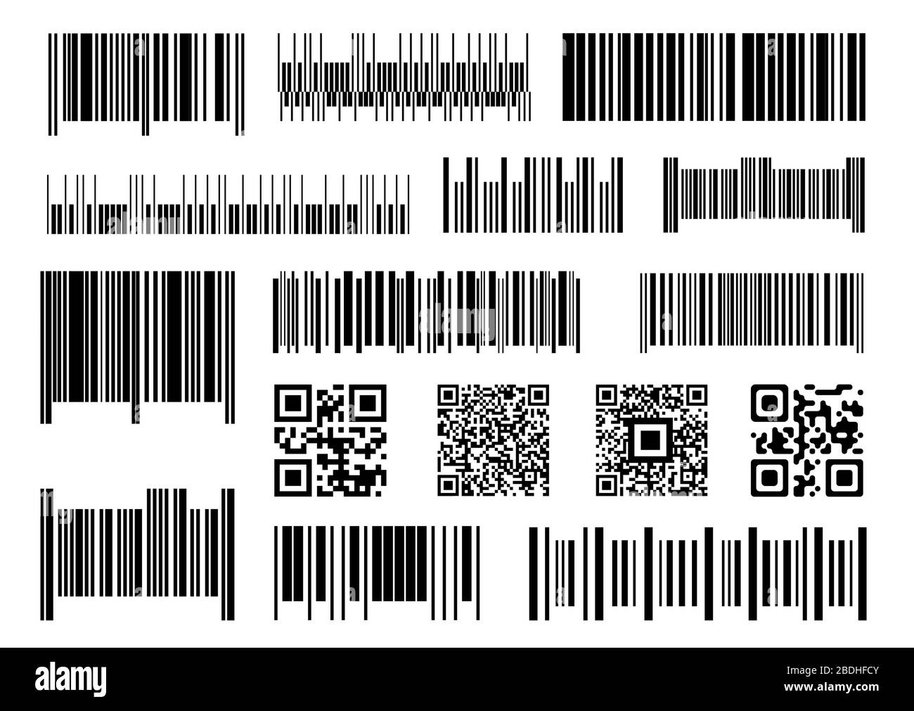 Código de barras digital. Códigos de barras de supermercado, barras de códigos de escaneo y juego vectores etiquetas de precios industriales. Inventario de productos, verificación digital. Embalaje único Imagen