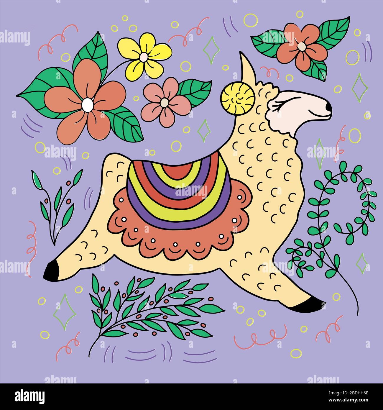 Imagen de alpaca sobre fondo lila con flores y hojas. Para el diseño de postales, pósteres, impresión sobre tejidos Ilustración del Vector