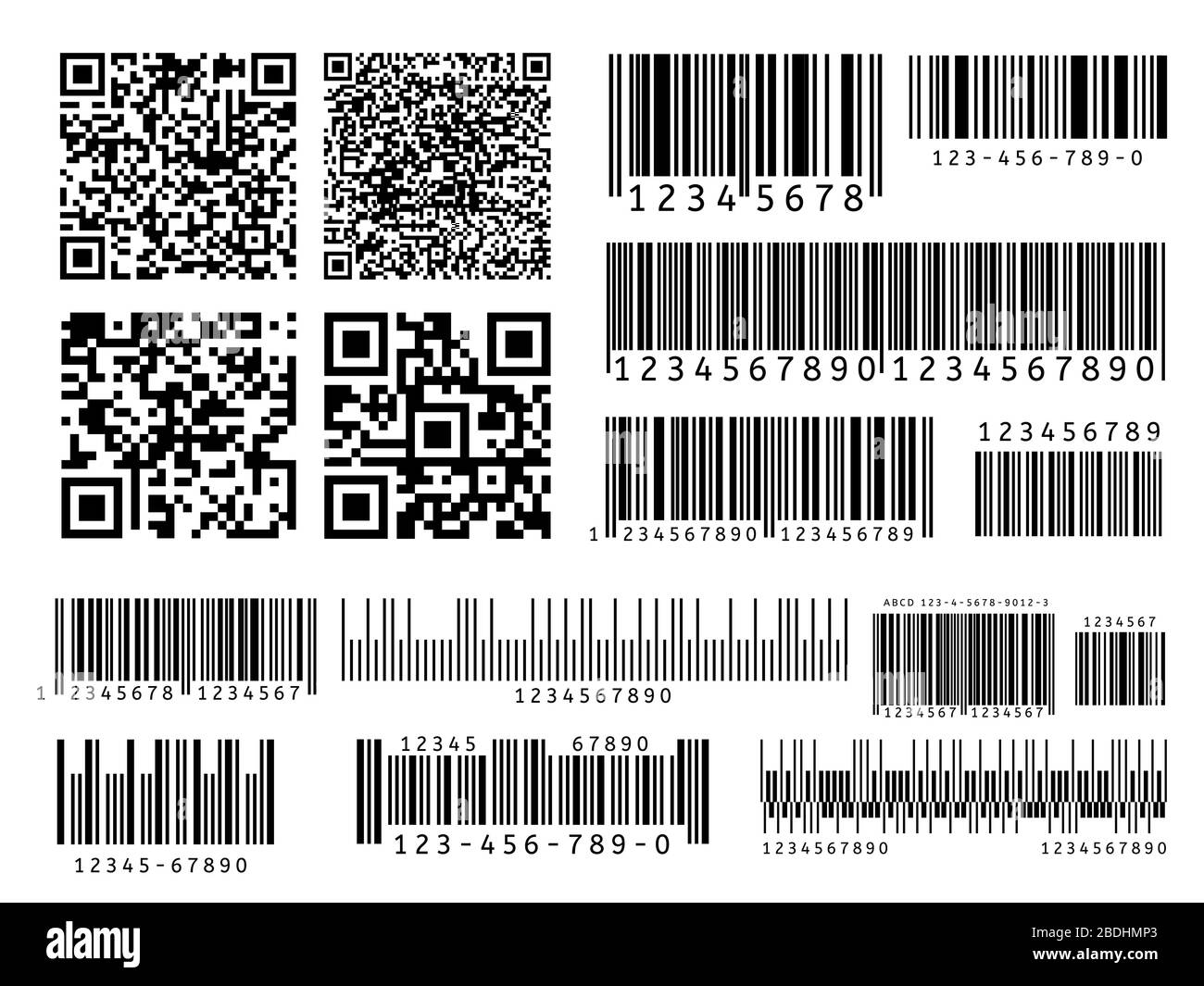 Códigos de barras de productos. Código de barras industrial, código qr y  etiqueta de barra de escaneo. códigos de identificación de inventario,  juego de vectores de señales de escaneo de supermercado. Código