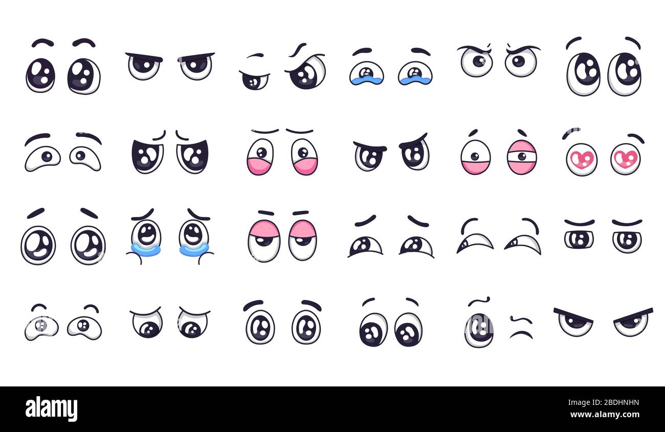 Ojos de dibujos animados. Cómic mirar el ojo, gracioso facial las  expresiones de los ojos y las emociones humanas feliz y llorando triste par  de doodle ojo vector ilustración conjunto. Enojado Imagen