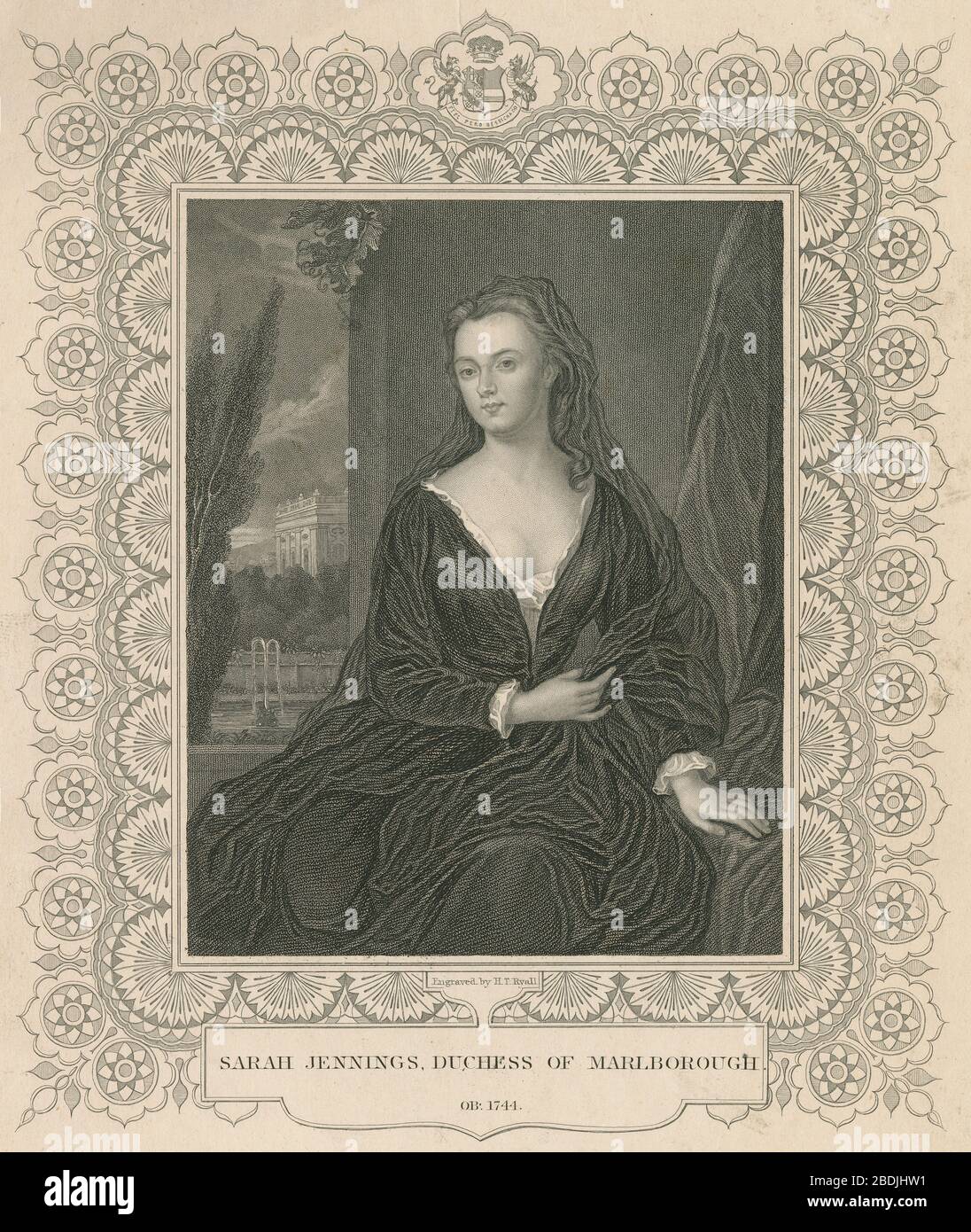 Grabado antiguo, Sarah Churchill, Duquesa de Marlborough. Sarah Churchill, duquesa de Marlborough (1660-1744), era una cortesana inglesa que se levantó para ser una de las mujeres más influyentes de su tiempo a través de su amistad cercana con Anne, Reina de Gran Bretaña. FUENTE: GRABADO ORIGINAL Foto de stock